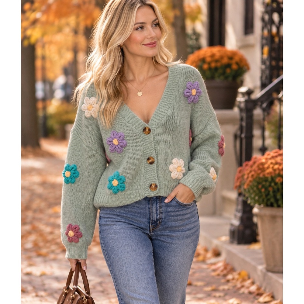 Luna Ivy Sage Green Floral Crochet Applique Chunky Knit Cardigan  Size Small